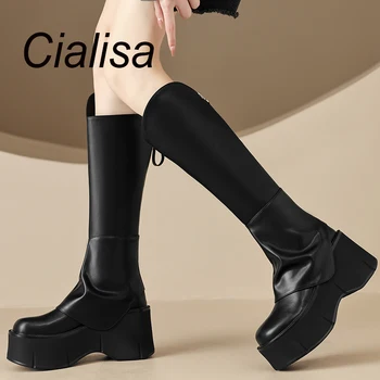 Cialisa/ Дамски ботуши до коляното от естествена кожа, Есенно-зимни обувки на платформа, Модерен Дизайн, Дамски Дълги Ботуши с цип на дебел висок Ток